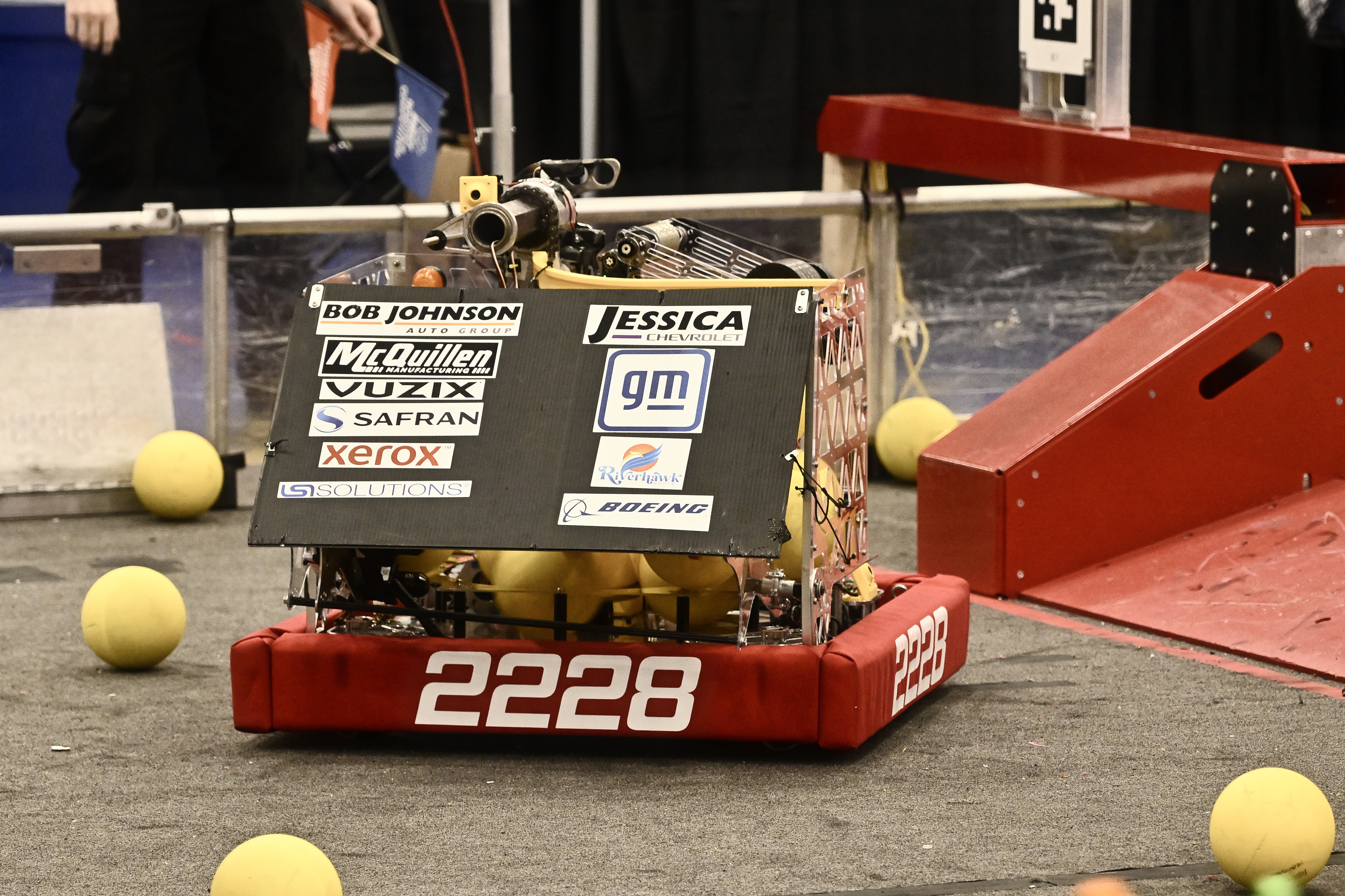 Our robot, with our sponsors proudly displayed.